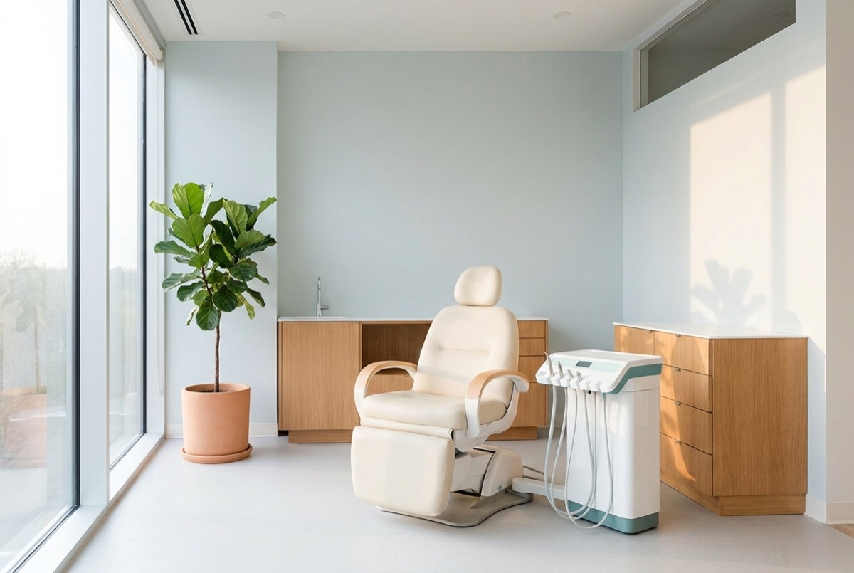 A bright, calm treatment room at Alder Dental Studio with a cream chair and a fig tree by the window
